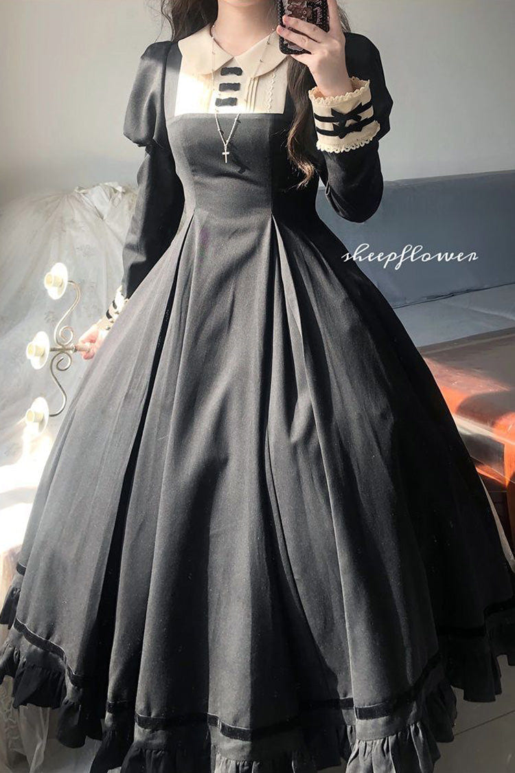 Black Maid Lapel Collar Short Sleeves Ruffle Sweet Classic Lolita Dress (Short or Long Version) - Product - 12