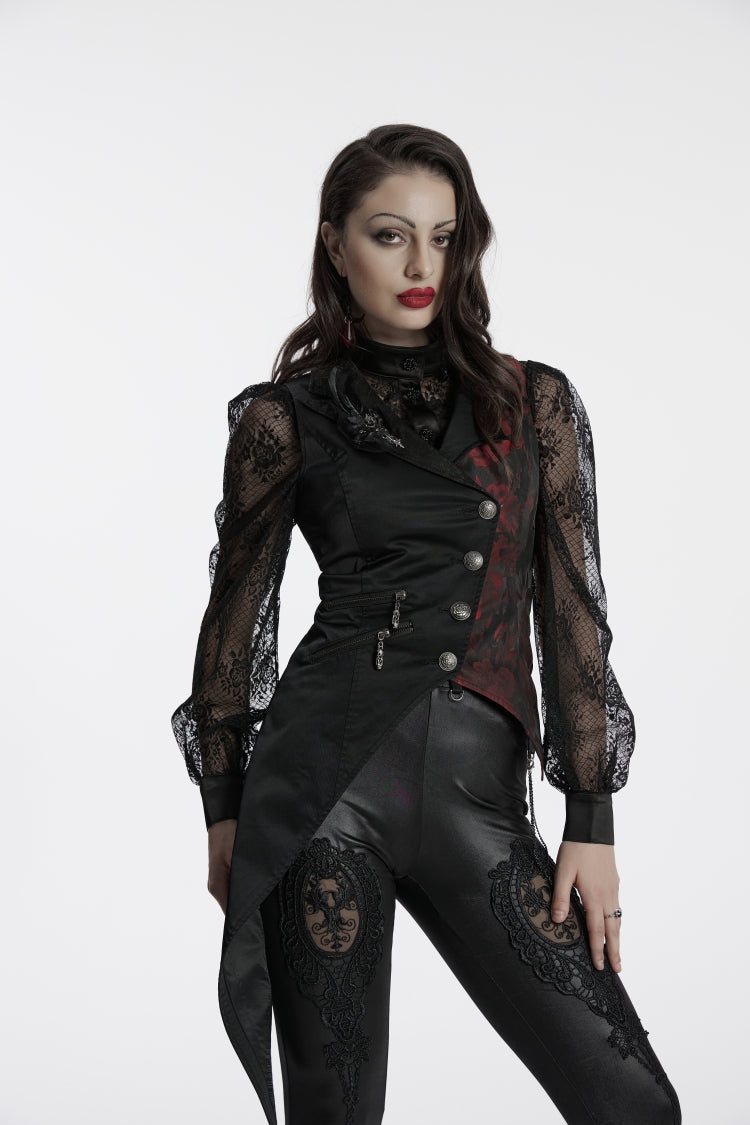 Black V Collar Sleeveless Embroidery Lace Asymmetric Women's Gothic Vest - Black - 1