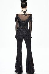 lack Gothic Off-Shoulder Front Chest Decals Bead Sleeve Beaded Tassel Webbing Flocking Print Women's Shirt - Product - 9