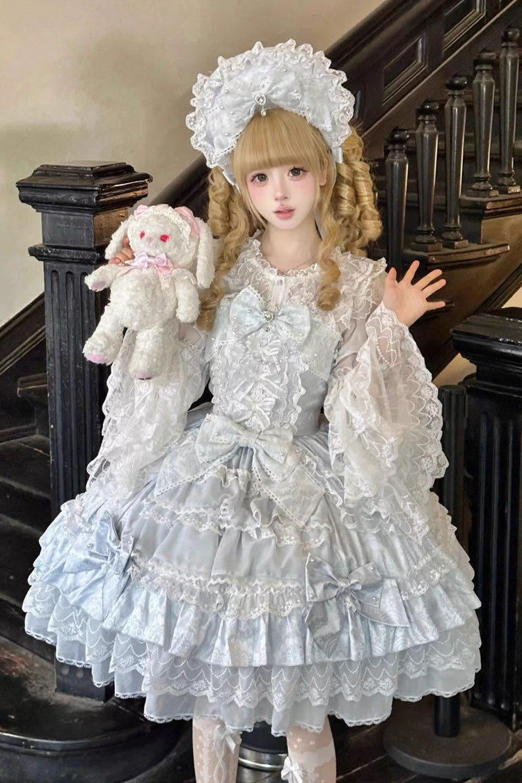 Blue [Dream-Sinking Pearl Veil] Doll-Style Sleeveless Multi-Layered Ruffled Bow Lace Daily Sweet Lolita Dress - Blue - 1