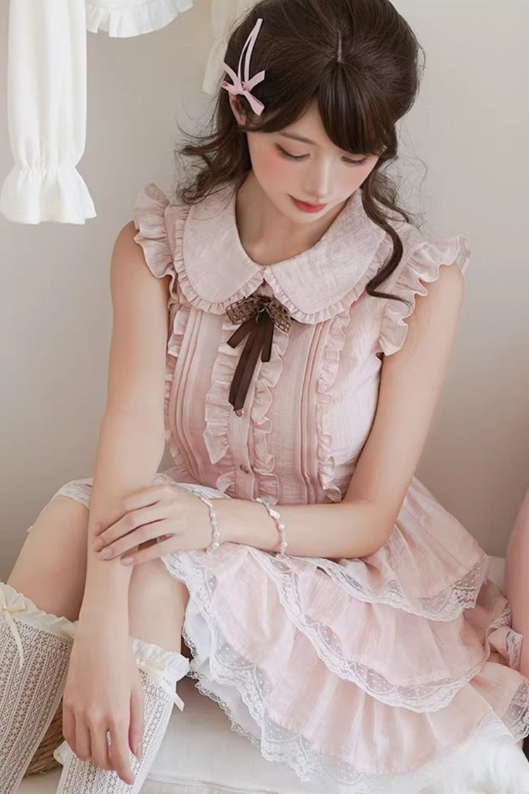 Pink Doll Collar Triple-Layered Ruffled Bow Lace Sweet Lolita Dress - Product - 5