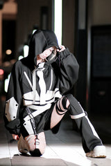 Black/White [Zero-Type Transformation] Techwear Long Sleeves Embroidered Hooded Punk Jirai Kei Shorts Coat Set - Product - 9