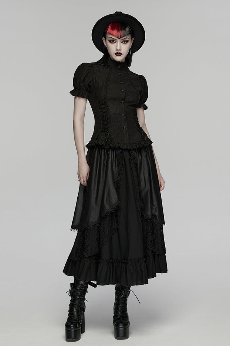 Black Stand Collar Short Puff Sleeves Ruffled Lace-Up Women's Gothic Blouse - Product - 4