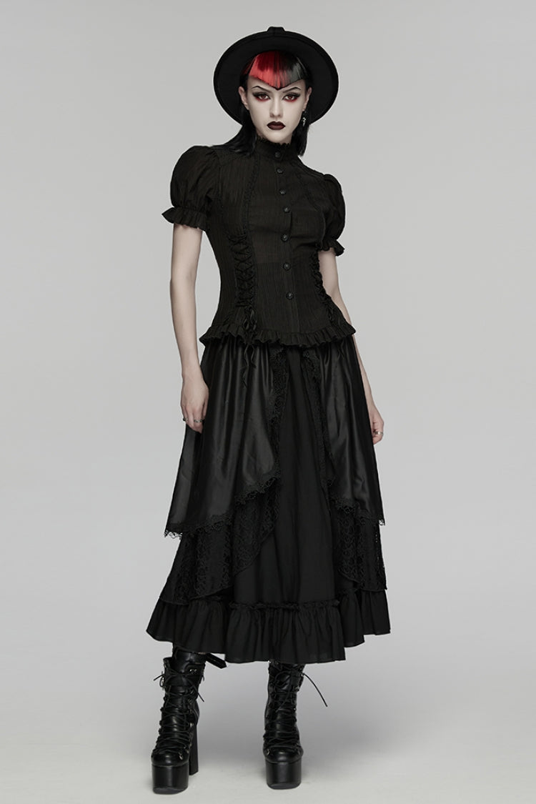 Black Stand Collar Short Puff Sleeves Ruffled Lace-Up Women's Gothic Blouse - Product - 4