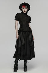 Black Stand Collar Short Puff Sleeves Ruffled Lace-Up Women's Gothic Blouse - Product - 4