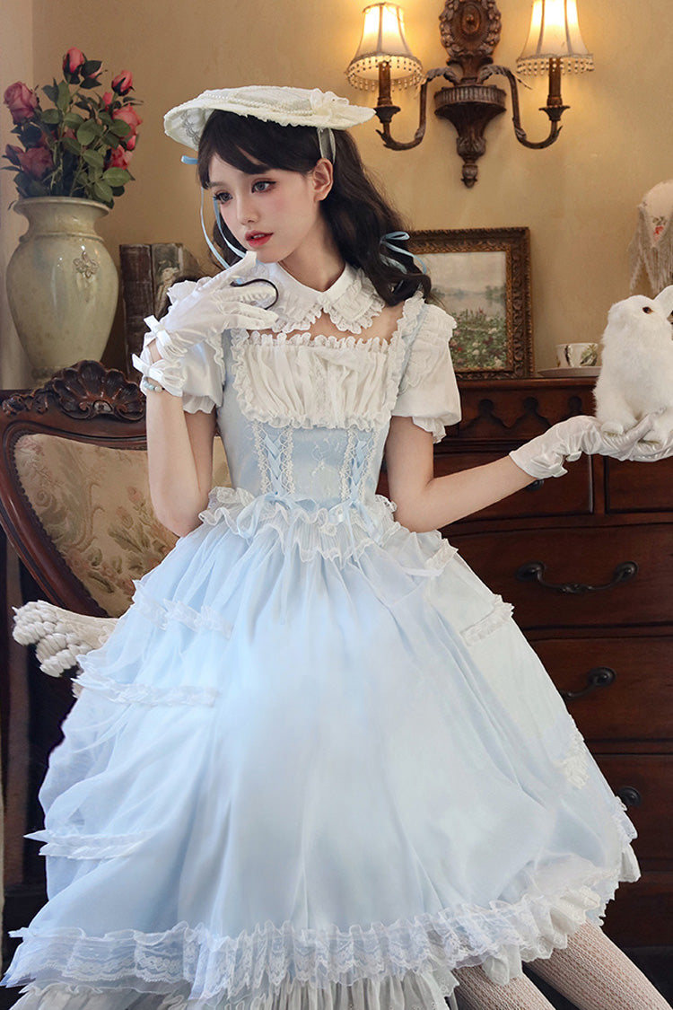 Light Blue Confession Poem Square Collar Short Sleeves Ruffle Sweet Elegant Lolita Dress Set - Product - 7