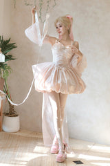 Pink [The Runaway Princess] Sleeveless Ruffle Bowknot Lace-Up Sweet Lolita Jsk Tulip Dress Set - Product - 9
