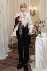 Black/White [Oath Knight] Lapel Collar Long Sleeves Ruffled Embroidered Gothic Ouji Lolita Set - Product - 3