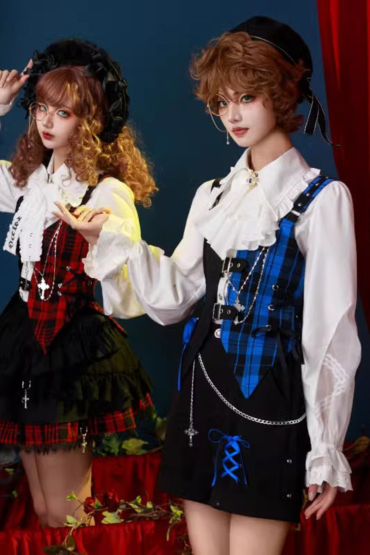 Subculture Plaid Print Ouji Fashion Prince Lolita Blouse Shorts Vest Set - Product - 2