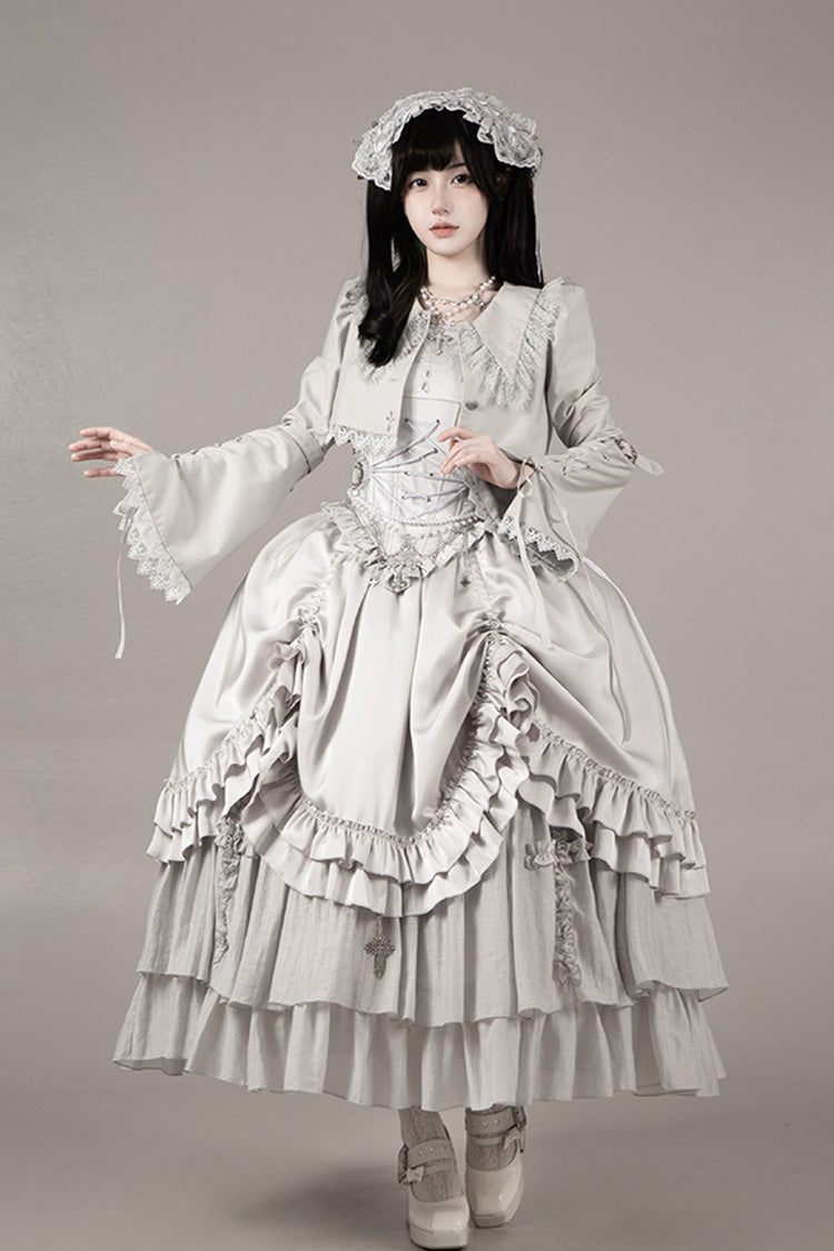 Solid Color [Bionic Doll] Square Collar Multi-Layered Ruffle Bowknot Lace-Up Gothic Lolita Long Skirt Corset Set - Product - 22