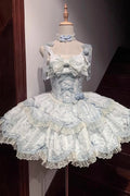 Blue Floral Overture Double-Layered Ruffle Embroidery Bowknot Lace Sweet (Dress Only) front view
