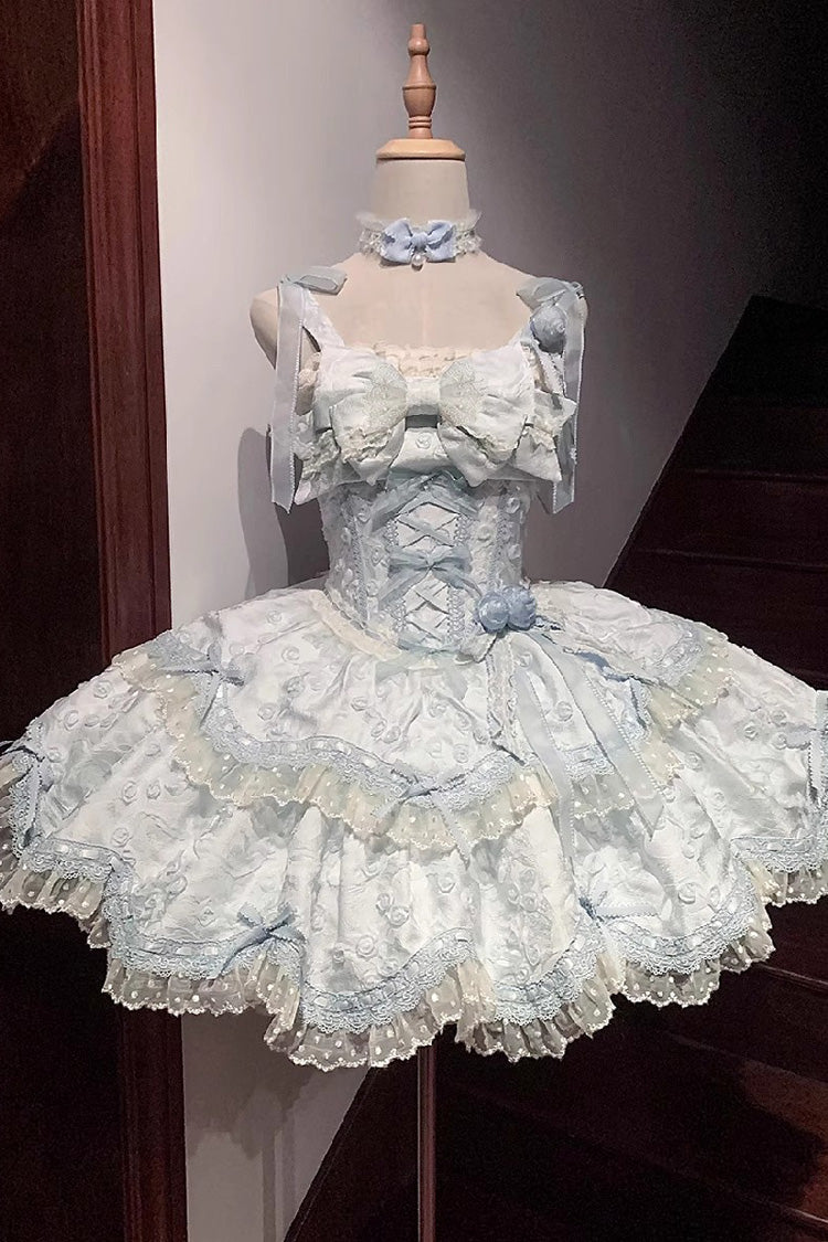 Blue [Floral Overture] Double-Layered Ruffle Embroidery Bowknot Lace Sweet Lolita Jsk Dress - Blue - 1