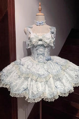 Blue [Floral Overture] Double-Layered Ruffle Embroidery Bowknot Lace Sweet Lolita Jsk Dress - Blue - 1