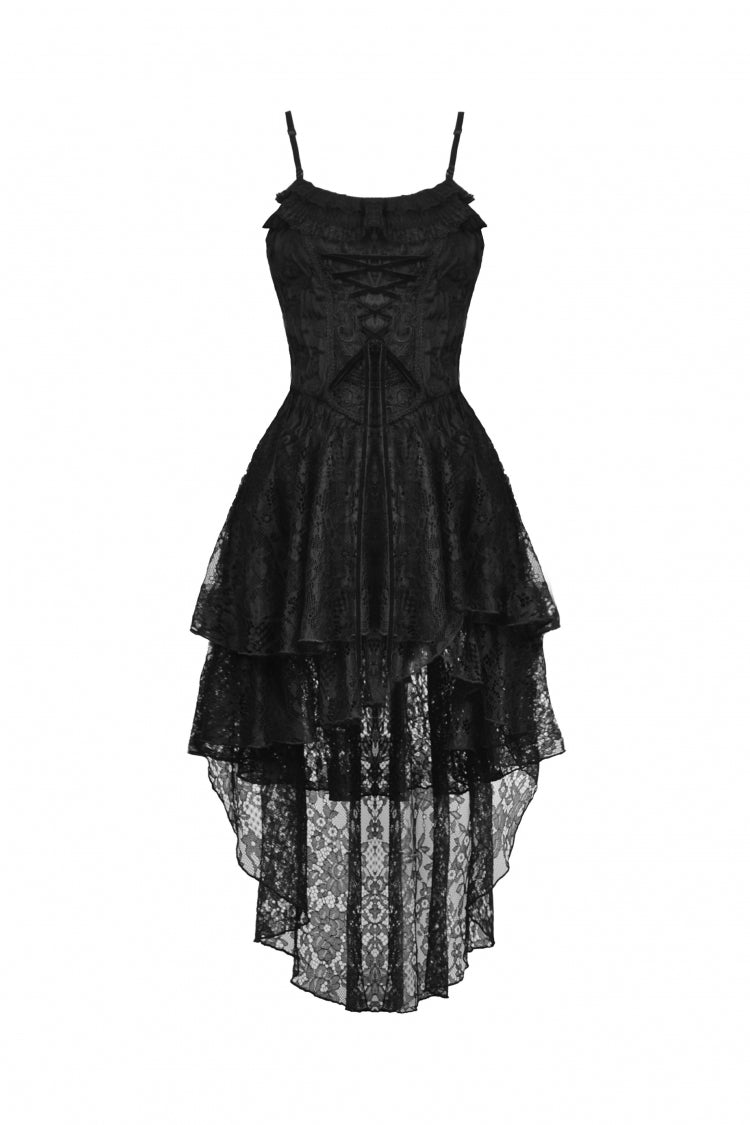 Black Sleeveless Irregular High Low Multi-Layered Lace Lace-Up Women's Gothic Slip Dress - Product - 3