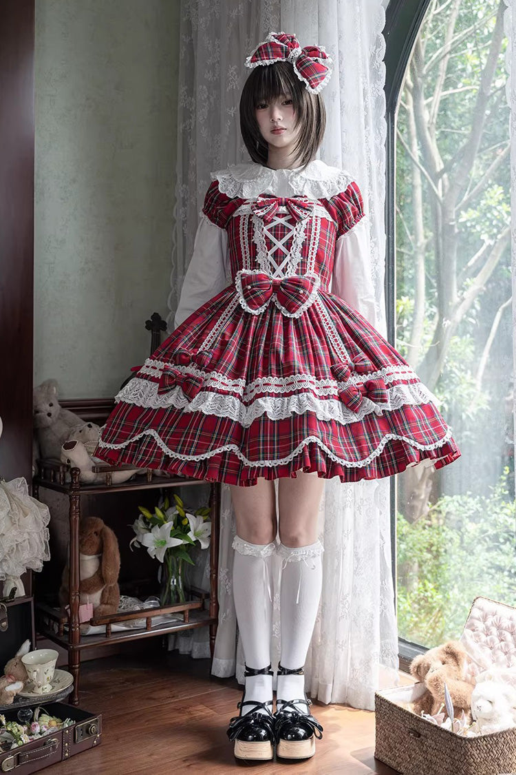 Red [Gingham Petal Bunny] Short Sleeves Printed Ruffled Bow Sweet Lolita OP Dress - Product - 9