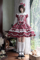 Red [Gingham Petal Bunny] Short Sleeves Printed Ruffled Bow Sweet Lolita OP Dress - Product - 9