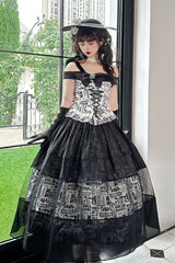 Black [Pin-Up Girl] Boat Neck Printed Ruffled Bow Lace-Up Asymmetric Gothic Elegant Lolita Skirt Set - Product - 5
