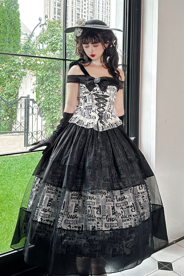 Black [Pin-Up Girl] Boat Neck Printed Ruffled Bow Lace-Up Asymmetric Gothic Elegant Lolita Skirt Set - Product - 5