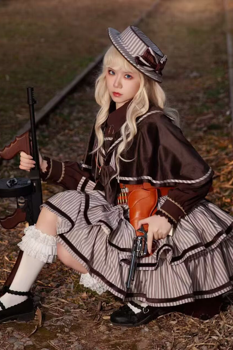 [From Afar] Sleeveless Triple-Layered Stripe Print Bowknot Sweet College Style Lolita Dress 2 Colors - Product - 5