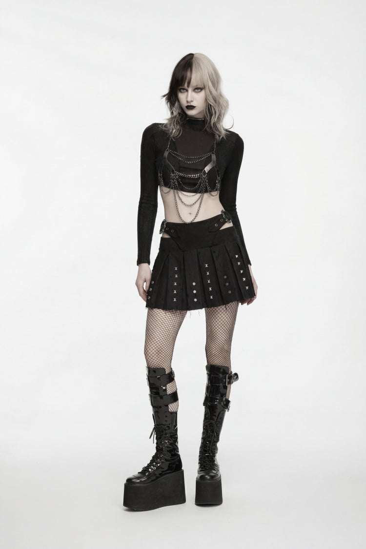 Black Patchwork Studded Pleated Women's Punk Preppy Style Skirt - Product - 7