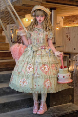 Green [Cat Rose Tea] Short Sleeves Print Ruffle Cardigan Bowknot Daily Sweet Lolita Dress - Product - 2