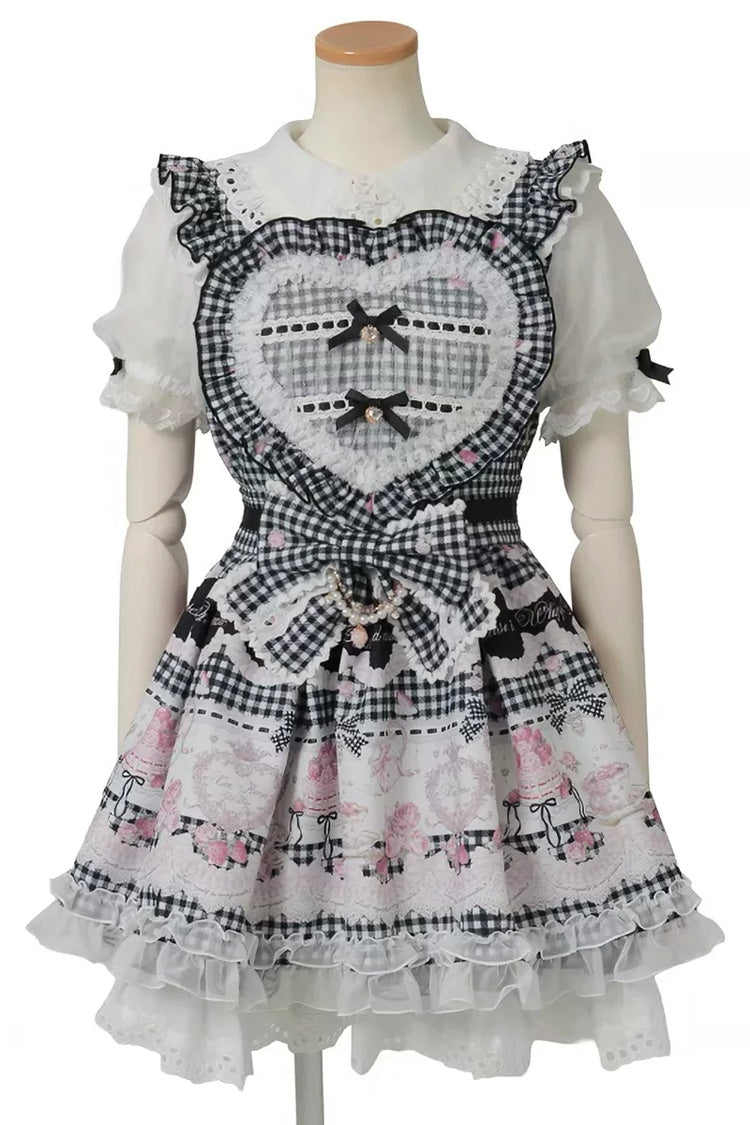 Jirai Kei Lapel Collar Short Sleeves Printed Bow Sweet Plus Size Dress 3 Colors - Black - 2