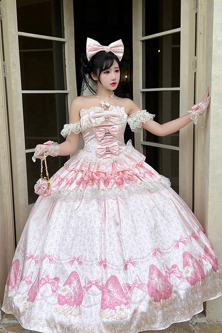 Pink [True Love Strawberry] Print Off Shoulder Sleeveless Ruffle Bowknot Lace Sweet Princess Lolita Dress Set - Pink - 1
