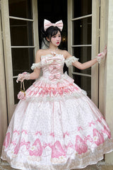 Pink [True Love Strawberry] Print Off Shoulder Sleeveless Ruffle Bowknot Lace Sweet Princess Lolita Dress Set - Pink - 1