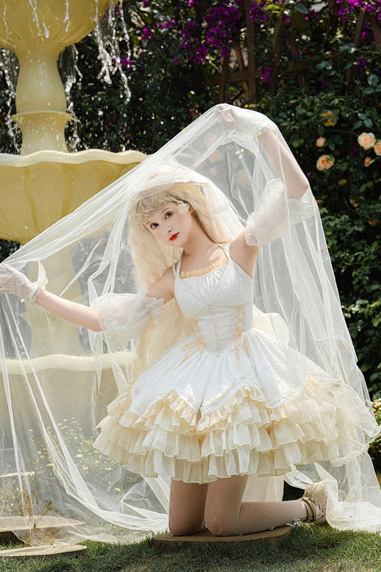 White Slim Ballet Style Multi-layer Ruffle Sweet Elegant Princess Lolita Jsk Dress - Product - 3