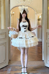 White [Polka Dot Waltz] Square Collar Flutter Sleeves Triple-Layered Printed Ruffled Bow Sweet Lolita Jsk Dress - Product - 5