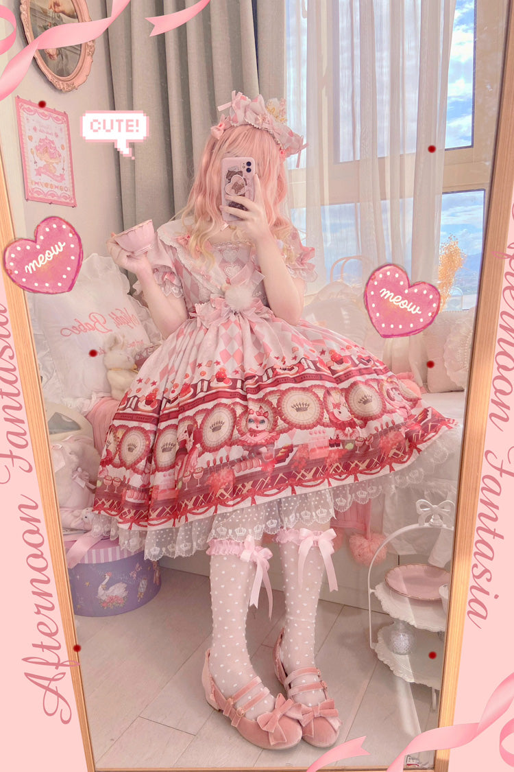 White [Afternoon Fantasia] Print Ruffle Bowknot Sweet Lolita Jsk Dress - Product - 8