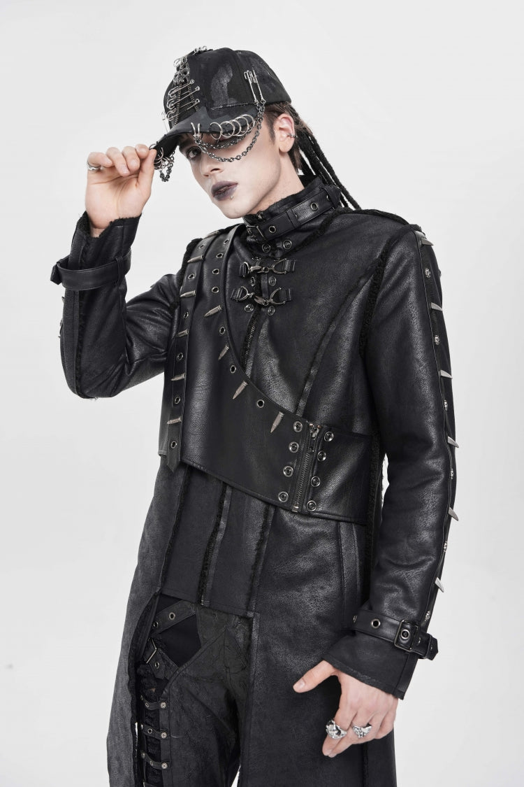 Black Stand Collar Rivet Buckle Zipper Men's Punk Coat - Product - 4