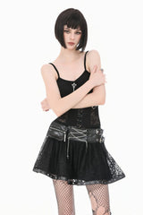 Black Chain-Decorated Eyelet Buckled Straps Lace Women's Gothic Mini Skirt - Product - 5