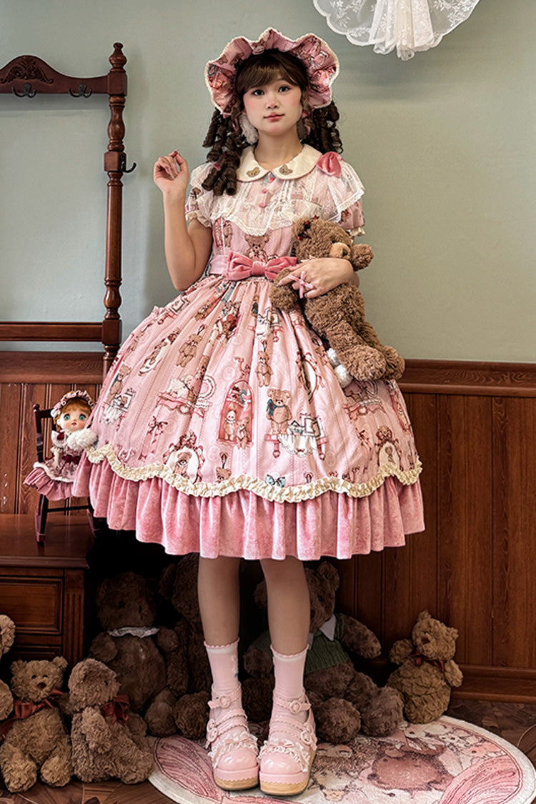 Pink Bear Doll Wall Print Short Sleeves Ruffle Embroidery Bowknot Sweet Lolita Dress - Pink - 1