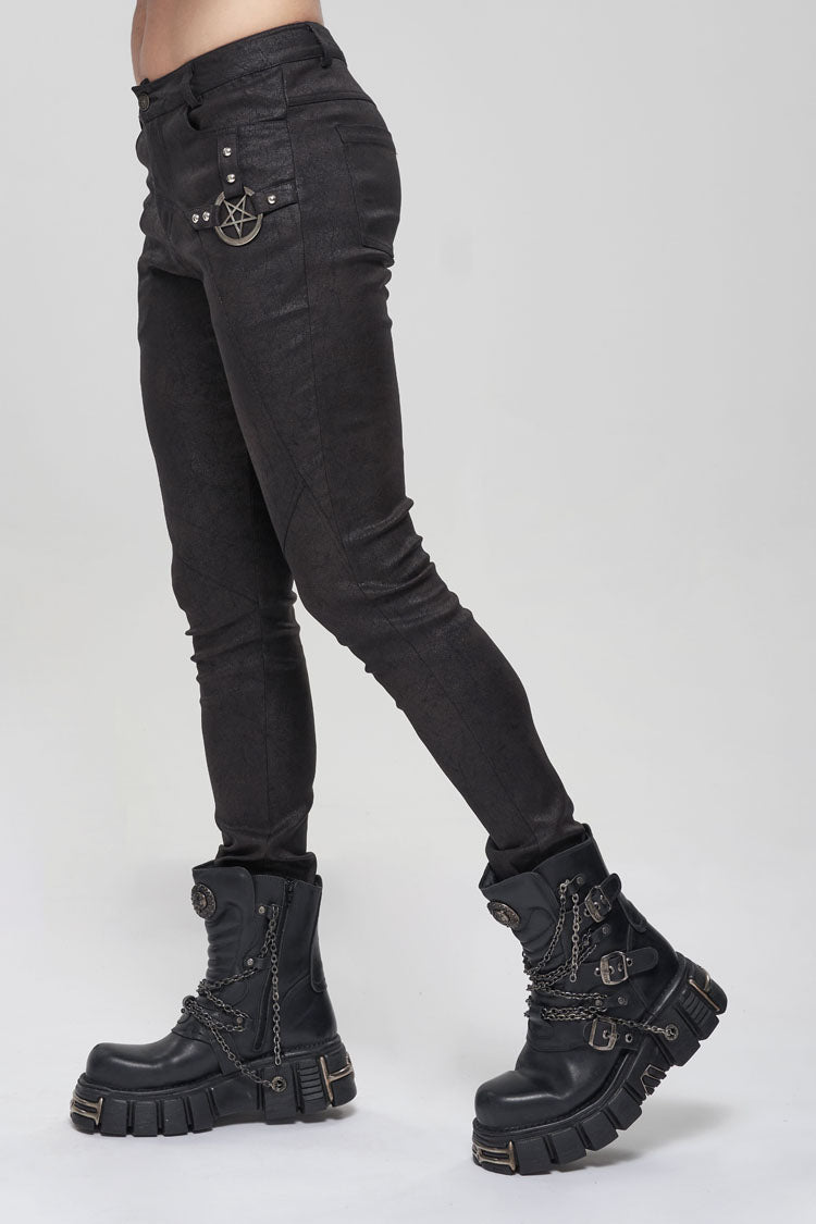 Black Basic Funds Metal Pentagram Crackle Punk Slim Men's Pants - Product - 9