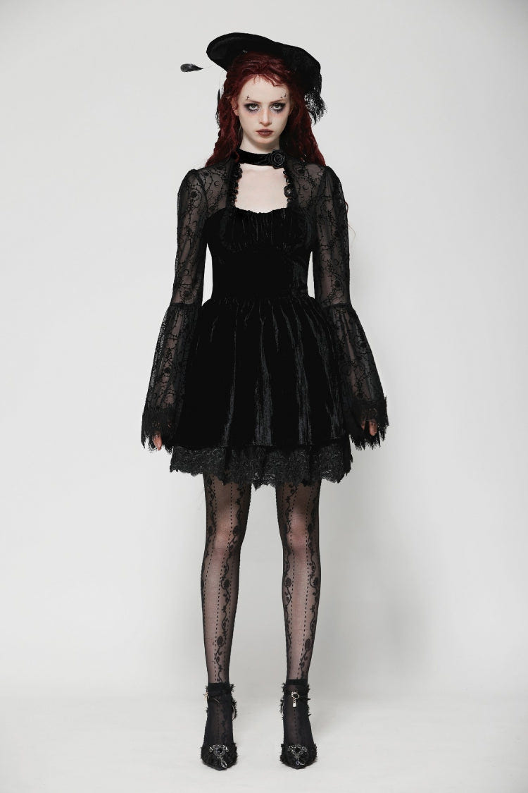 Black Lace Long Trumpet Puff Sleeves Floral Jacquard Cut-Out Lace-Up Women's Gothic Short Dress - Product - 7