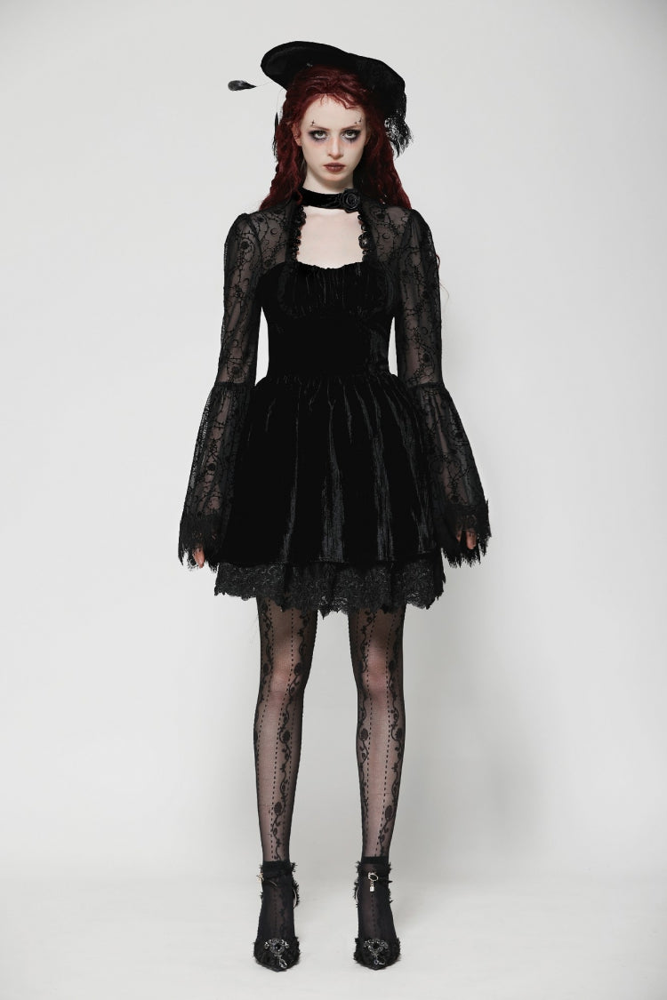 Black Lace Long Trumpet Puff Sleeves Floral Jacquard Cut-Out Lace-Up Women's Gothic Short Dress - Product - 7