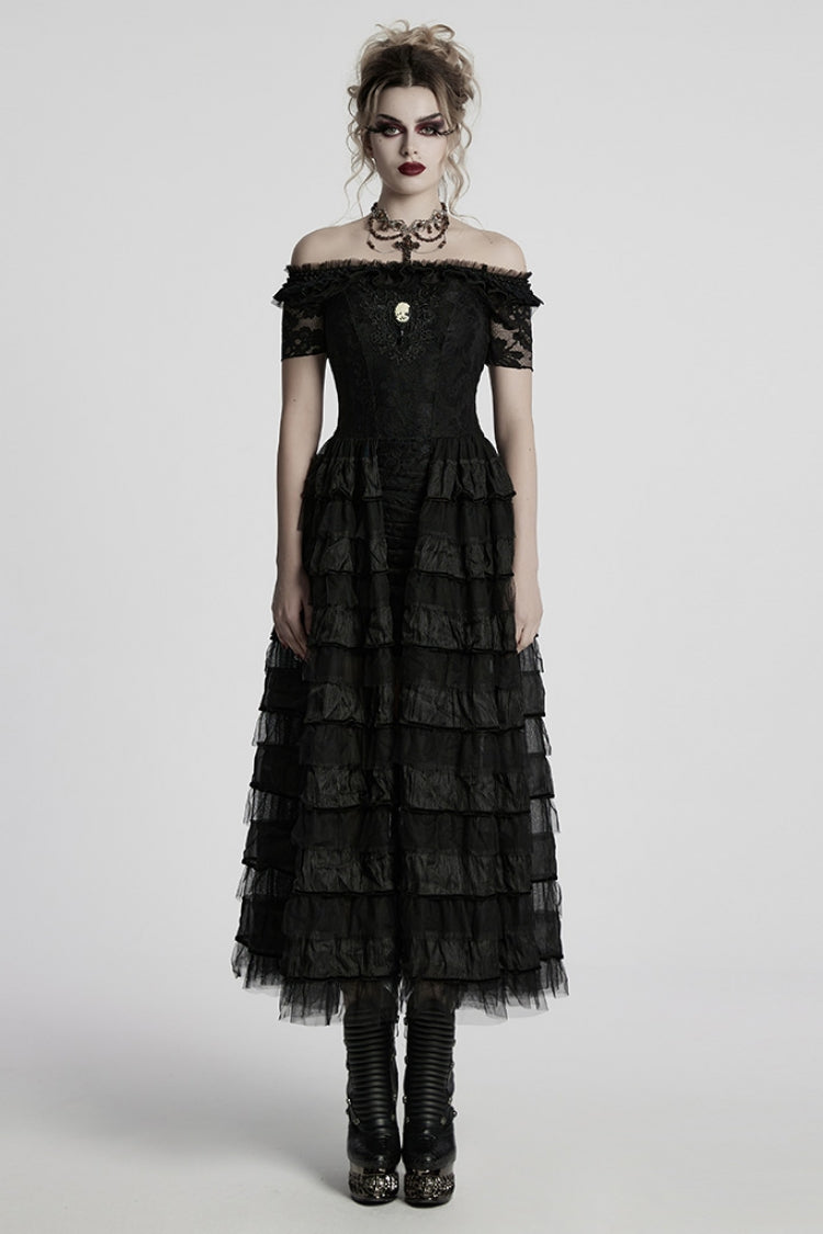 Black Off Shoulder Short Sleeves Multi-Layered Embroidery Women's Punk Dress - Black - 1