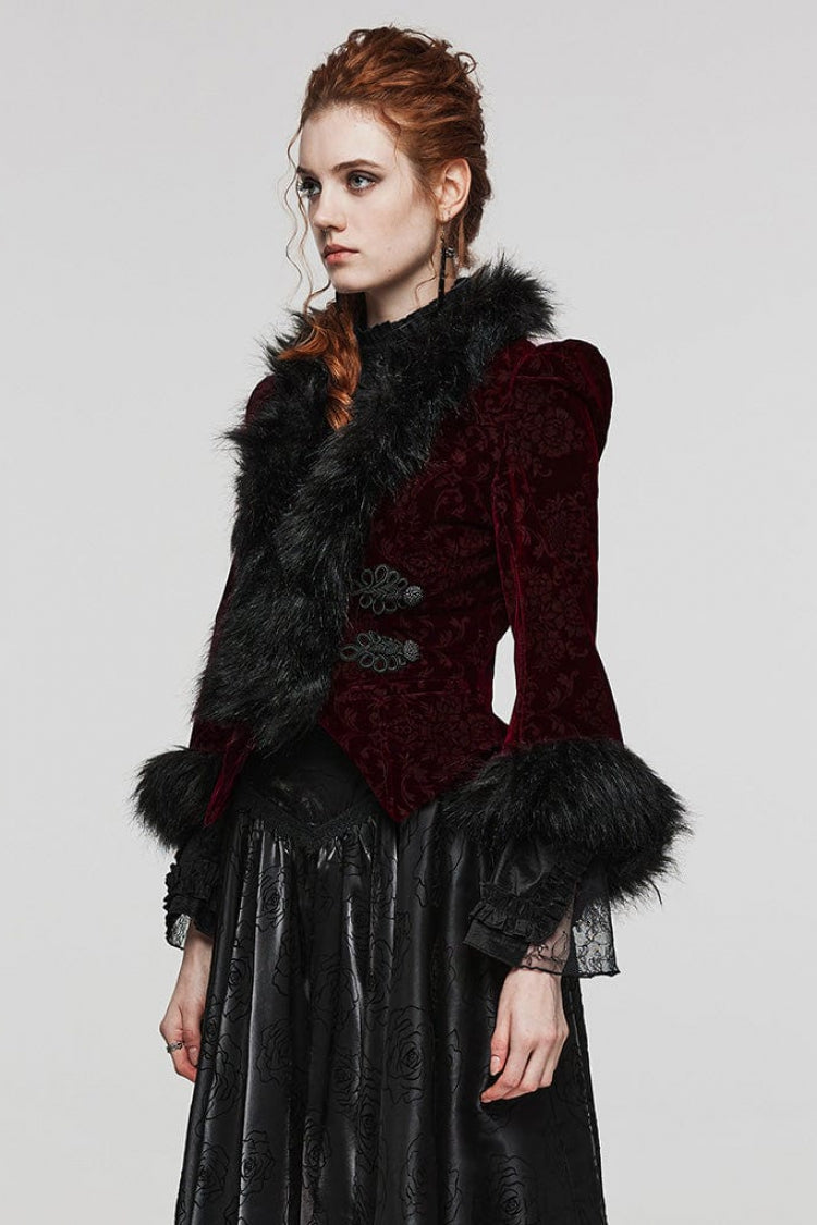 Women's V Collar Long Sleeves Faux Fur Stitching Gothic Coat 4 Colors - Product - 11