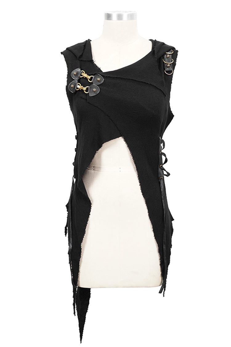Black Sleeveless Irregular Hooded Womens Gothic Vest - Product - 7