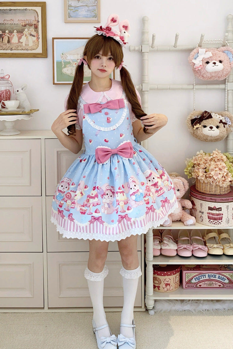 Blue/Pink [Cupid Bunny] Printed Sleeveless Bow Sweet Princess Lolita Strap Dress - Product - 2