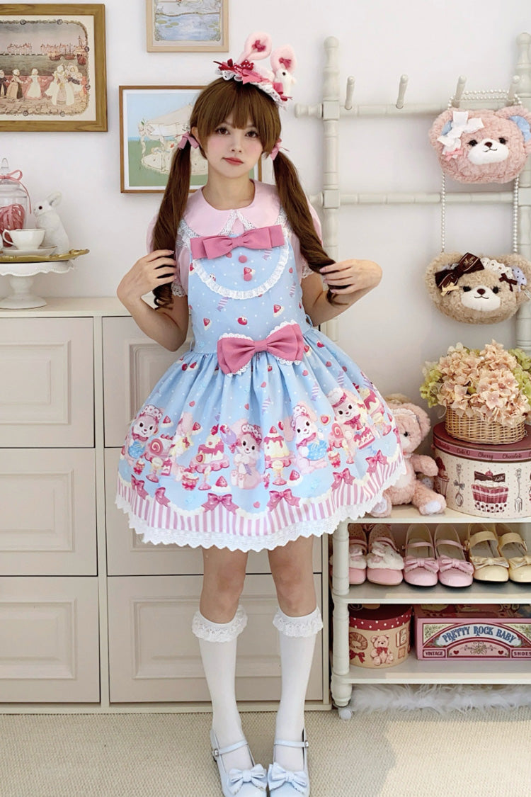 Blue/Pink [Cupid Bunny] Printed Sleeveless Bow Sweet Princess Lolita Strap Dress - Product - 2