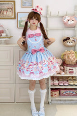 Blue/Pink [Cupid Bunny] Printed Sleeveless Bow Sweet Princess Lolita Strap Dress - Product - 2