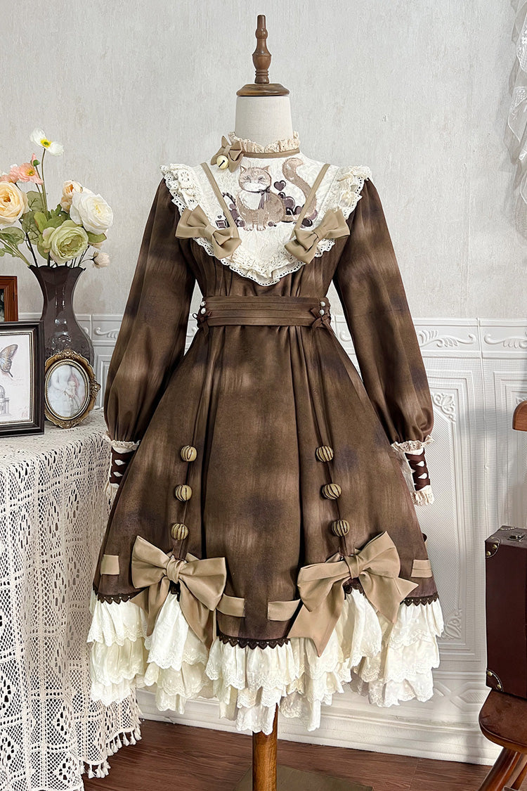Brown [Chocolate Cat] Print Long Sleeves Ruffle Bowknot Sweet Lolita Dress - Product - 3