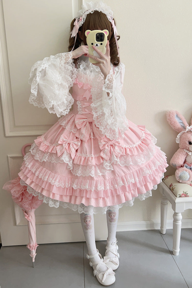 Pink Multi-Layered Ruffle Bowknot Stitching Lace Sweet Lolita Jsk Dress - Product - 5