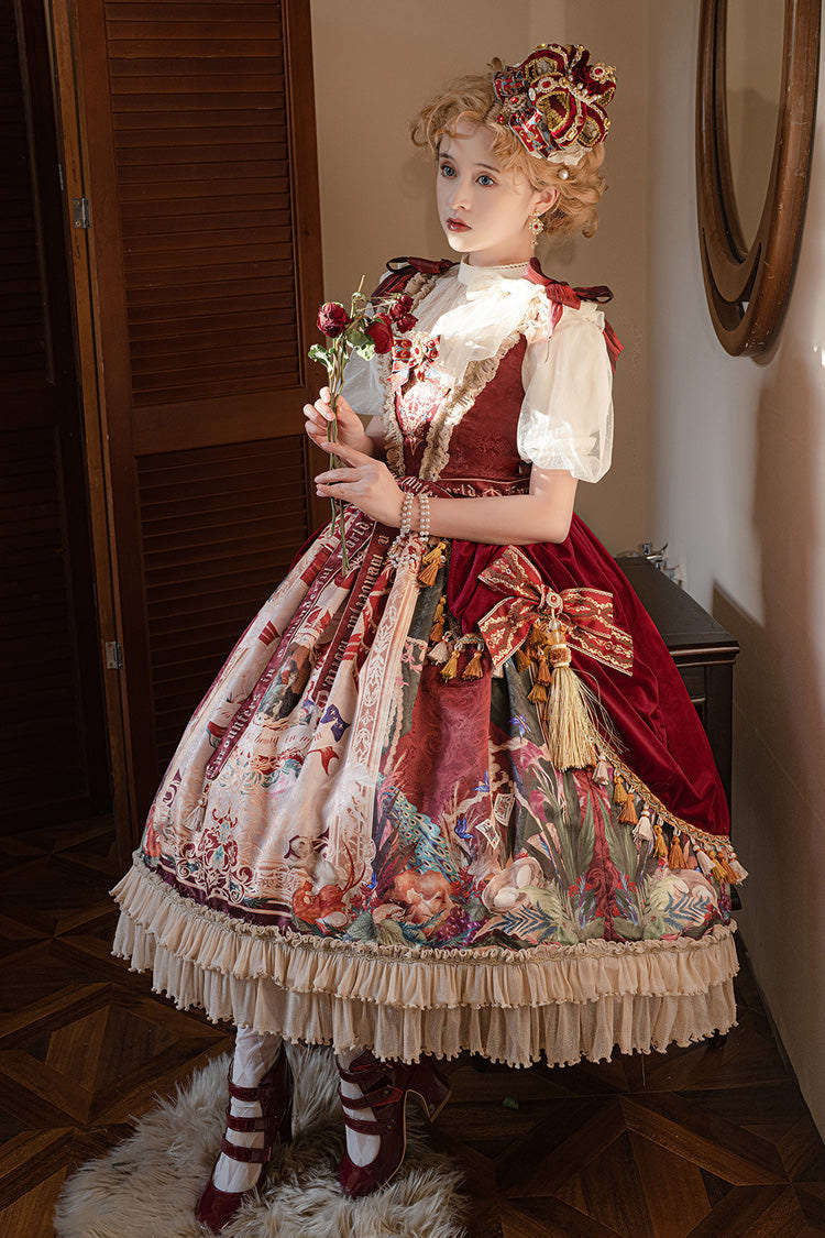 Red [Kaleidoscope of Dreams] Sleeveless Double-Layered Print Embroidery Bowknot Classic Vintage Gorgeous Lolita Jsk Dress - Product - 10