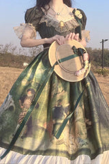 Green Short Sleeves Forest Dance Print Ruffle Sweet Elegant Lolita Dress - Product - 3