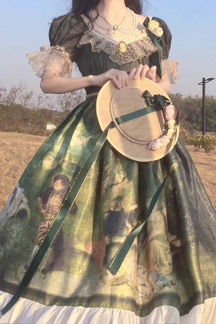 Green Short Sleeves Forest Dance Print Ruffle Sweet Elegant Lolita Dress - Product - 3