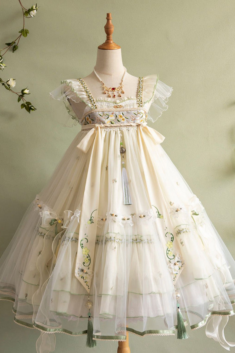 Ivory [Luo Ling Fu] Ruffle Embroidery Bowknot Lace Sweet Chinese Style Lolita Jsk Dress - Product - 4
