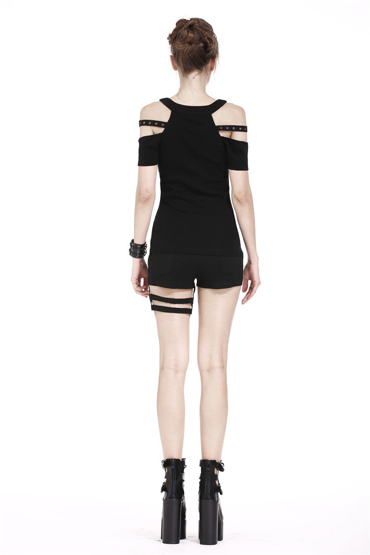 Black Off Shoulder Straps Short Sleeves Cut-Out Women's T-Shirt - Product - 12